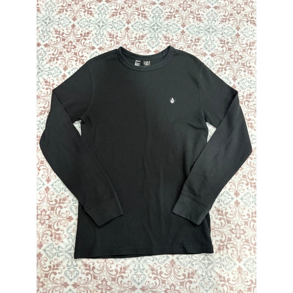 Volcom Mens Waffle Knit Thermal Long Sleeve Shirt Black Stone Logo Size M